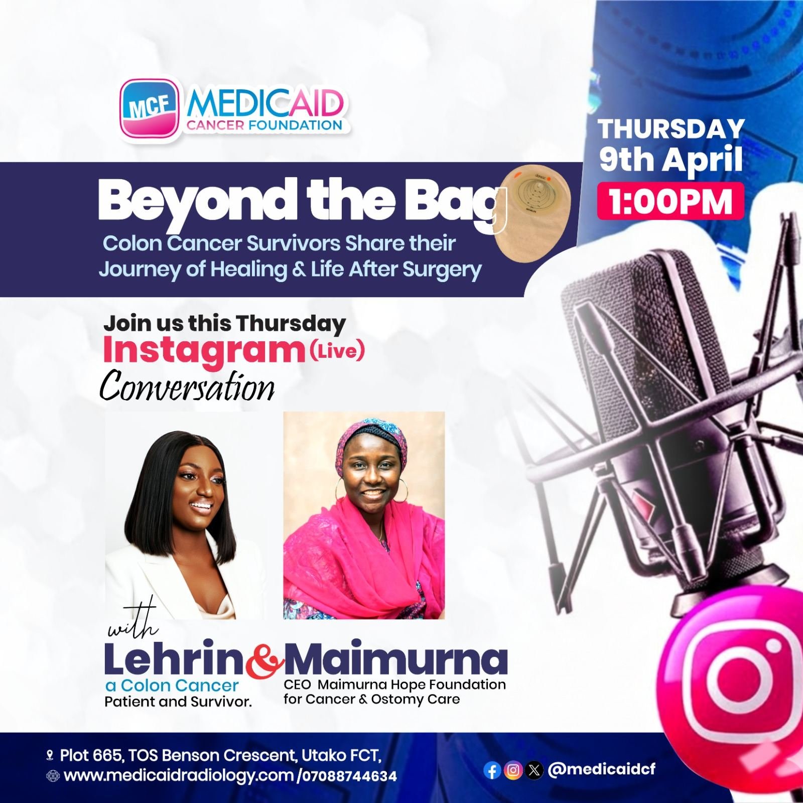 Flyer for the Beyond the Bag Instagram Live with MHFCO CEO Maimurna, hosted by the Medicaid Cancer Foundation, 9 April 2026